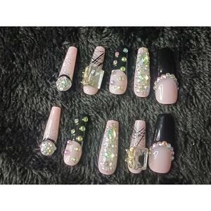 Black Tip, Sparkly Rhinestone  Press On Nails